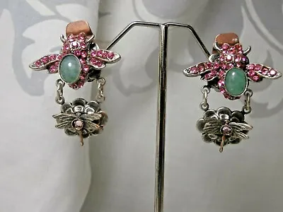 Vintage Mary Demarco Rhinestone Honeybee And Dragonfly Clip Earrings Pink &green • $49.95