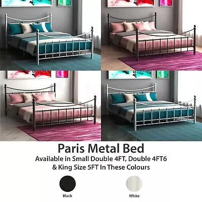 Metal Bed Double King Size Frame 4FT 4FT6 5FT Slatted Mattress White Black Paris • £109.90