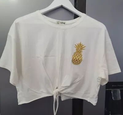 £14.99 • Buy LOVE PRINT Topshop Glitter PINEAPPLE Crop Top Tie Front Cropped Tee L / XL New