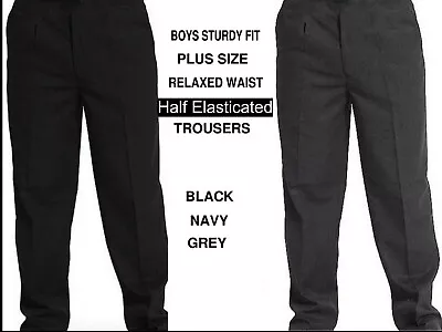 Boys School Trousers Plus Size Sturdy Fit Big Waist Half Elasticated 2-15 Years • £9.99