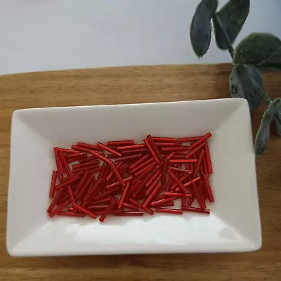 95pcs 2x12mm Red Czech Glass Long Lined Bugle Cylinder Beads AUS Free Postage • $4.25