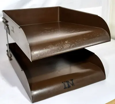 Vintage Metal Double Tray Desk Top File Paper Letter Organizer In / Out Filing • $29.95