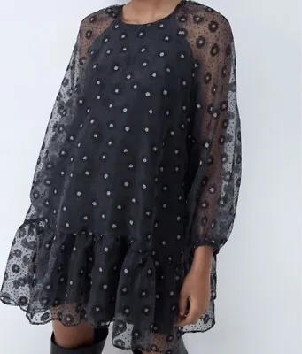 Zara Printed Organza Dress Chiffon Dotted Mini Party Vacation Travel Size S • $55.87