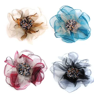 Large Fabric Flower With Coloured Beads Pin Brooch Peony For Wedding Hat Dress • £6.28