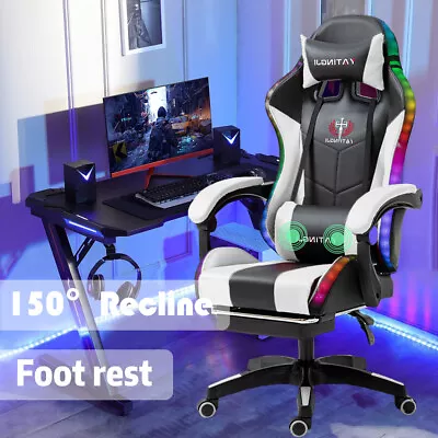 Gaming Office Chairs 2-Points Massage Racing RGB LED Leather With Footrest 2024 • $118