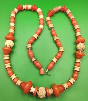 Vintage ORANGE & Tan Colored LUCITE Beaded Necklace In Silver Tone • $9.99