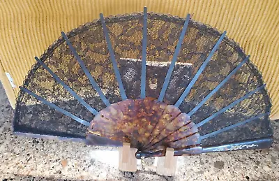 Vintage Black 'Chanlilly Lace' Fan With With Sequins And Wooden Stand • $12