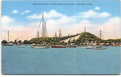 Michigan-MI-Holland State Park-Lake Macatawa-Boats-Vintage Linen Postcard • $3.95
