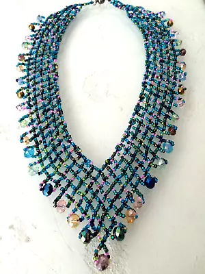 Artisan Czech Glass 20  Cascade Bib  V  Necklace  BLUE Multi-Color Pastels • $19.95