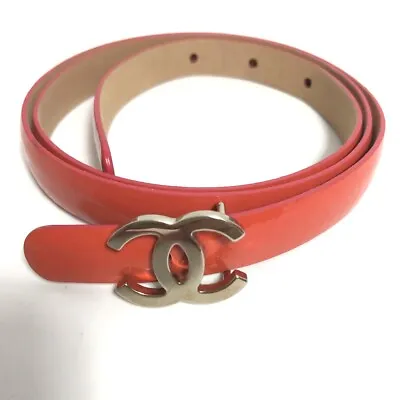 CHANEL 12P CC CC Mark Thin Belt Belt Patent Leather Orange Red Based • £385.74