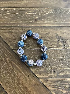 Viva Beads Handmade Chunky Silver Ball Stretch Bracelet Stretchy Band Pink/Blue • $13