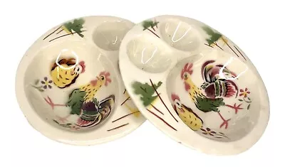 Vtg Lot Of 2 Double Egg Cup Dishe Bowls Rooster & Hen 6” 1 Good 1 Chipped As Is • $28.99