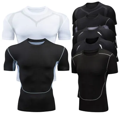 Men's Compression T-shirt Base Layer Quick Dry Sport Skins Under Wear Gym Top • £9.59