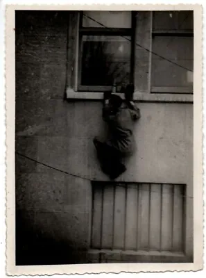 Military Man Soldier Climbing Wall Window Unusual Weird Vintage Snapshot Photo • $7.50