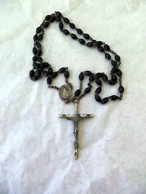 Italian Signed Vintage Catholic Rosary Black Beads!  18  LENGTH!  SILVER METAL • $17.98