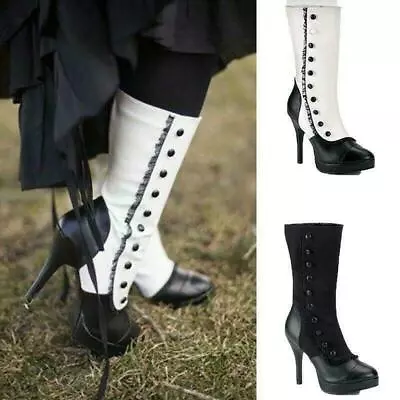 Gothic Women's Lace Lolita Mid Calf Boots Stiletto Heels Shoes Splicing Button • $60.05