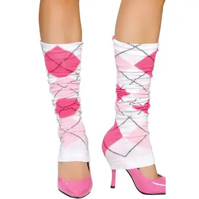 Argyle Leg Warmers Knit White Pink Costume Retro 80s School Girl Uniform LW105 • $11.04
