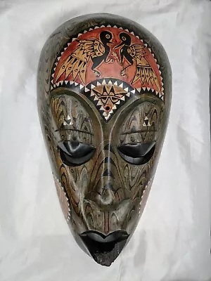 Tribal Mask African Wood Carved Mother Of Pearl Inlay Painted Wall Decor Vintage • $48.99