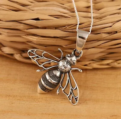 Solid 925 Sterling Silver Bumble Bee Oxidized Pendant Necklace Chain Gift Boxed • $57.04