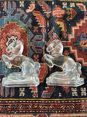 Vintage L E Smith 8” Clear Glass Horse Bookends Mid-century MCM- Art Deco Style • $99.99