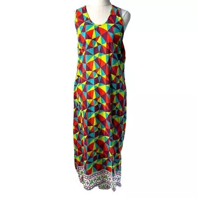 Boom Shankar Apron Dress Women 10 Multicolour Geo Maxi Racer Back Tassel Tie • $29.99