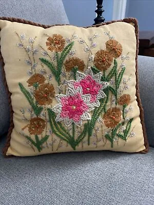 Vintage Embroidered Crewel Accent Throw Pillow Flowers Floral 13  Gold/Pink • $22.20