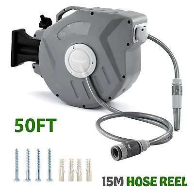 15m Garden Patio Hose Reel Wall Mounted Retractable Auto Rewind Pipe 180° Swivel • £38.85