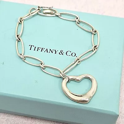 Tiffany & Co. Genuine Elsa Peretti Open Heart Link Clip Alluring Silver Bracelet • $341.91