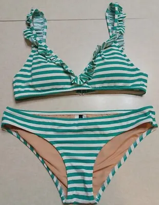 J.Crew Ruffle Trim Bikini Swimsuit Size Small Green White Stripes • $28