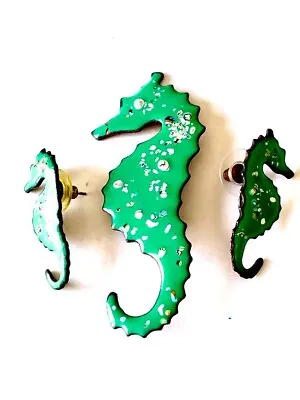 Seahorse Pin & Earrings Set Enamel Jewelry Green • $14.95
