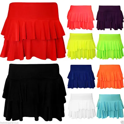£2.99 • Buy Girls Women's Rara Two Tier Frill Gym Dance Ladies Neon Plain Mini Party Skirts