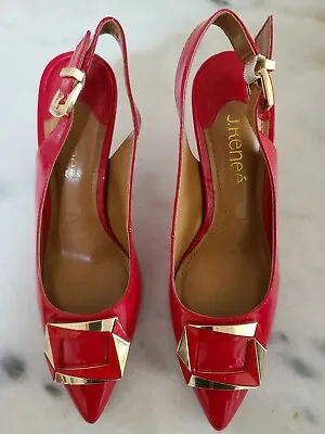 J RENEE WOMEN SHOE RED WITH ELEGANT SLINGBACK PUMP TAPERED TOE Gold Buckle 5 1/2 • $8