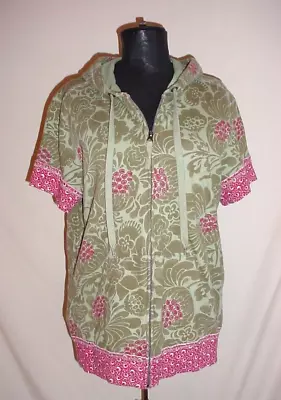 Merona Short Sleeved Hoodie Size XXL Top Shirt Zip Front Pockets Green Floral • $6.96