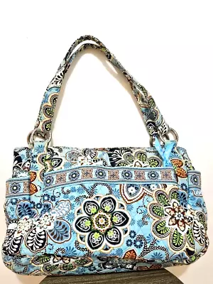 Vera Bradley Flower Bali Blue Shoulder Tote Purse Engraved Rings Spacious Clean • $40.99