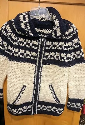 Vintage Hand Made Hand Knit Zip Up Wool  Design Sweater Unisex Medium /Small • $25