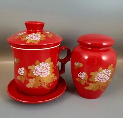 Teavana Peony Red Gold Ceramic Tea Infuser Butterflies Mug Cup LID CANISTER • $45