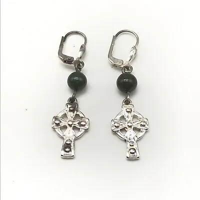 Vintage Sterling Silver Irish Celtic Cross Green Stone Bead Leverback Earrings • $39.99