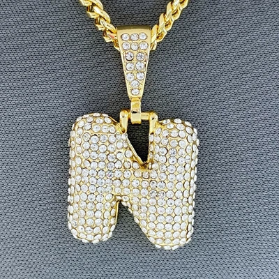 $9.99 • Buy Gold Tone Clear Rhinestones Bubble Initial Alphabet Letter N Pendant Necklace