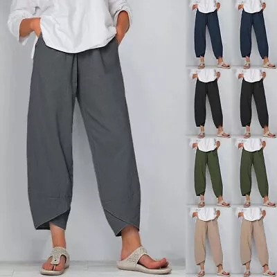 Women Cotton Linen Cropped Trousers Summer Hippie Baggy Wide Leg Harem Pants US • $18.69