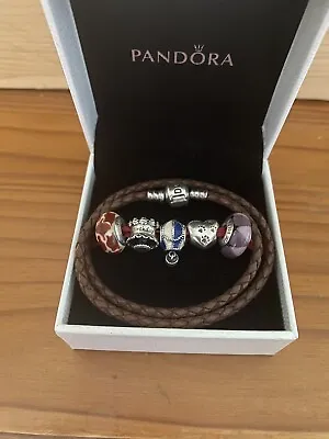 💖 ALE 925 Pandora Bracelet With 5 Charms Brown Leather 32cm With Box💖 • £86