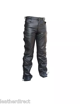 Mens Motorcycle Black Cowhide Leather Jeans Laces Trousers Motorbike Pants • £54.99