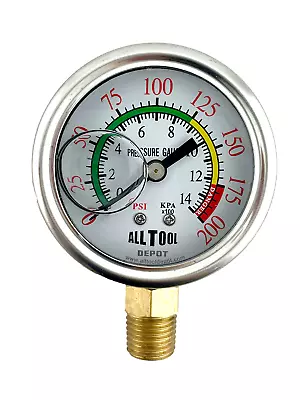 Oil Filled Pressure Gauge 2  Dial Lower Side Mount 1/4 NPT - 0 To 200PSI Color • $14.49