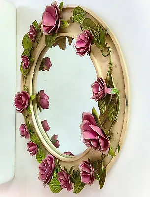 Vintage 14 Inch Round Wrought Iron Ornate Wall Mirror Pink Roses & Green Leaves • $50