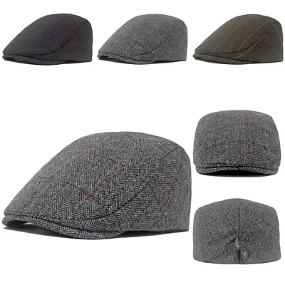 Herringbone Newsboy Beret Caps Mens Flat Cap Gatsby Tweed Black Peak Hat • £6.47