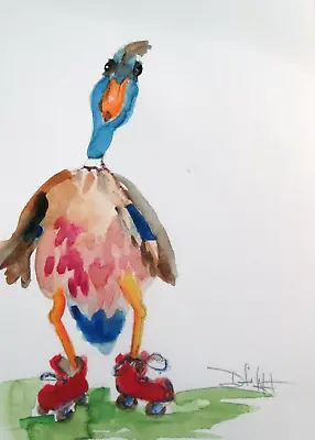 Delilah Art Roller Skating Duck Animal 9x6 Watercolor Painting • $40