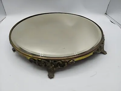 Vintage Victorian 14  Round Glass Mirror Vanity Tray Plateau Ornate Silver Tone • $39.99