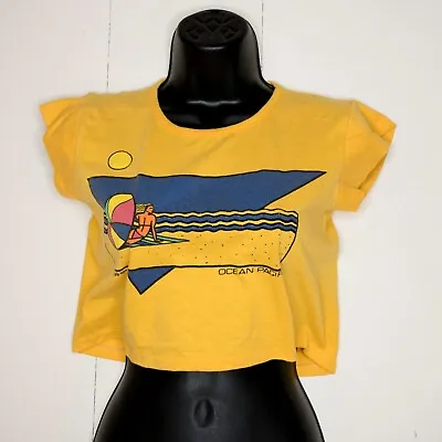 Vintage 80s Ocean Pacific Women's Yellow Crop Top Beach Scene Graphic Sz Medium • £38.56