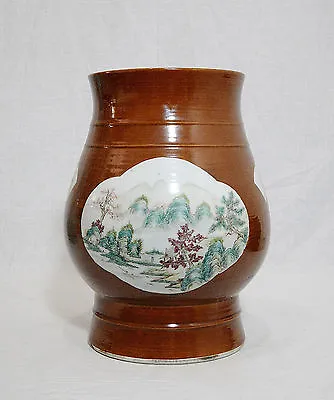 Chinese  Monochrome  Brown  Base  With  Famille  Rose  Porcelain  Vase     M514 • $888