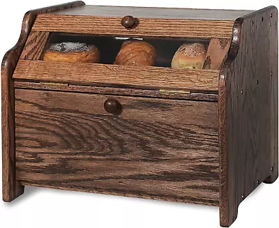 CONSDAN Bread Box Solid Wood Oak Bread Box For Kitchen Countertop Double Layer • $133.47