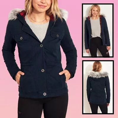 Hollister Coat Jacket Military Navy Blue Hooded Lined - Size Extra Small Xs 6 8 • £36.50